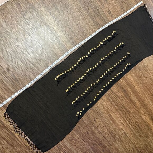 Swim Sarong or Belly Dance Hip Scarf Wrap With Gold Medallion Coins Black Gold - Picture 8 of 11